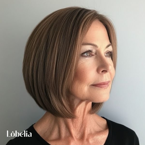 Woman over 60 with an angled lob, sleek and modern, extending from back to front for a sharp, sophisticated, and edgy look