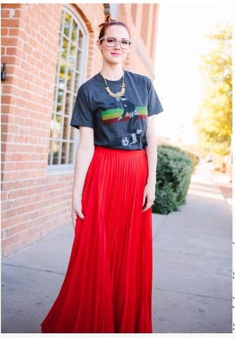 Band T-Shirt Paired with Pleated Skirt