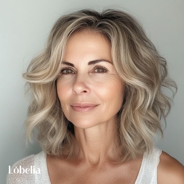 Woman over 60 with beachy waves and subtle highlights, creating a sun-kissed, carefree vibe with added depth and a fresh, summery look.