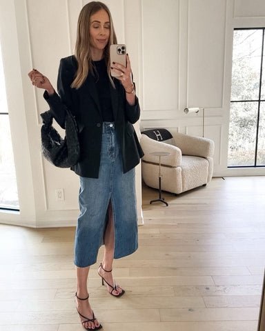Blazer and Long Denim Skirt