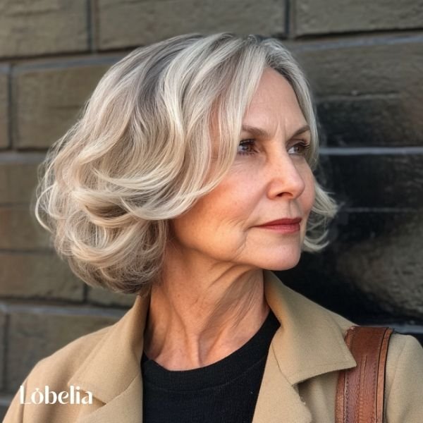 Woman over 60 with a blunt bob and waves, combining sharp lines with soft movement for a bold, elegant, and sophisticated look.