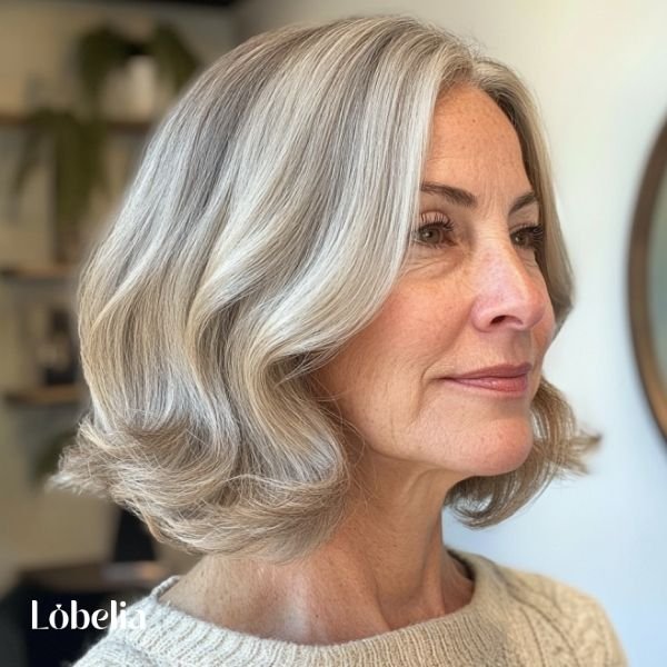 Woman over 60 with a blunt cut and subtle waves, blending sharp lines with soft movement for a sleek, modern, and chic look.