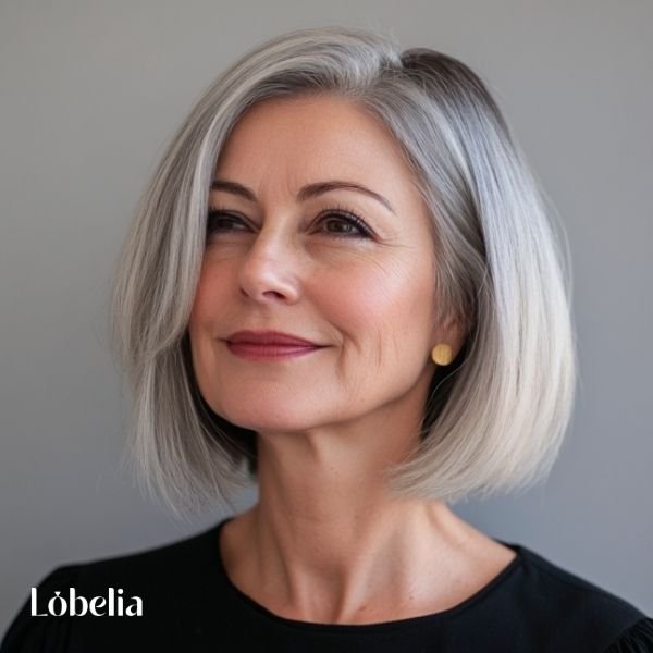 Woman over 60 with a blunt lob and side part, featuring clean lines and asymmetry for a sharp, stylish, and polished look.