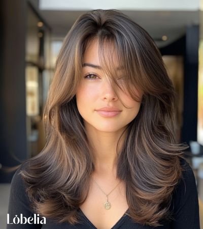 Bohemian long layers with curtain bangs haircut featuring soft, flowing layers and face-framing bangs for a relaxed, stylish look.