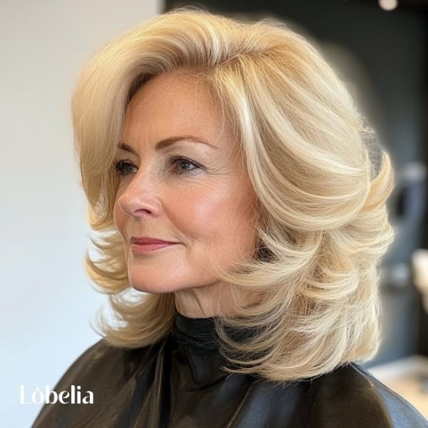 Woman over 60 with a bouncy blowout, featuring full, luscious locks and a smooth finish for a voluminous, glamorous, and elegant look.