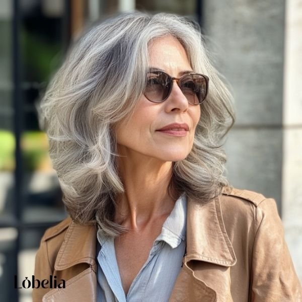Woman over 60 with bouncy shoulder-length hair featuring voluminous curls or waves for a lively, dynamic, and youthful look.