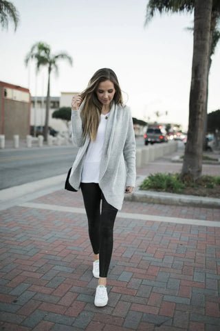 Cardigan with Leggings and Sneakers