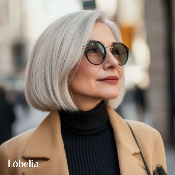 Woman over 60 with a chic bob featuring added volume at the roots for a lush, dynamic, and elegant look that exudes confidence and style