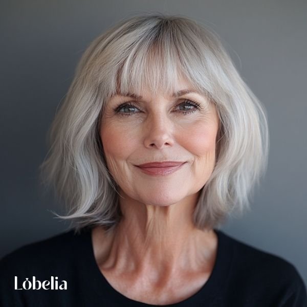 Woman over 60 with a choppy bob and bangs, featuring textured layers that add movement and frame her face for a bold, trendy look.