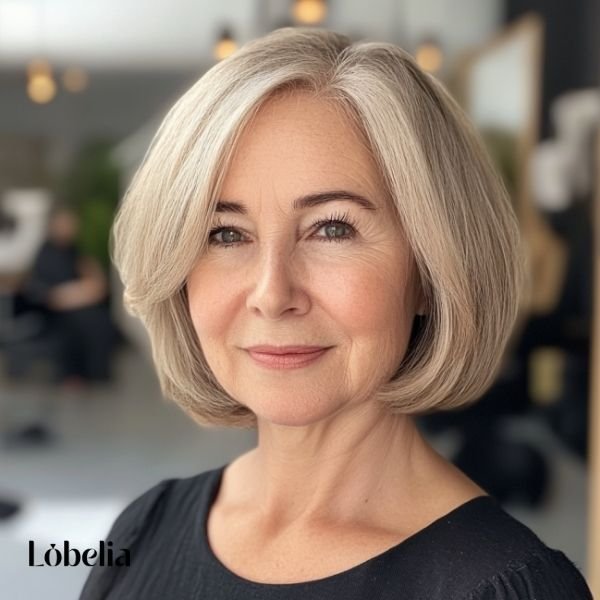 Woman over 60 with a classic bob featuring chin-length cut and root volume for a full-bodied, dynamic, and sophisticated look.