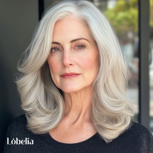 Woman over 60 with a classic shoulder-length cut, showcasing soft layers and subtle waves for a timeless and elegant look.