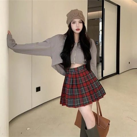Cropped Hoodie Paired with Pleated Skirt