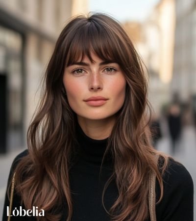 Elegant long layers with tapered bangs haircut featuring soft, flowing layers and sleek, face-framing tapered bangs for a refined look.
