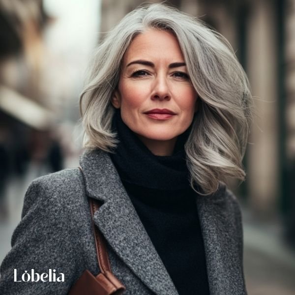 Woman over 60 with elegant shoulder-length hair, featuring soft, flowing locks for a polished, refined, and timeless look.