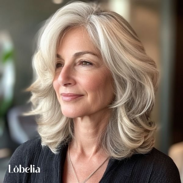 Woman over 60 with medium-length hair featuring feathered layers, adding a soft, airy, and voluminous effect for a graceful look.