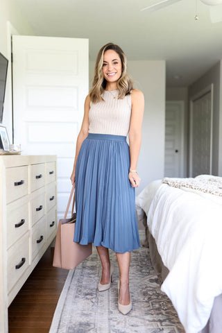 Fitted Tank Top Paired with Pleated Skirt