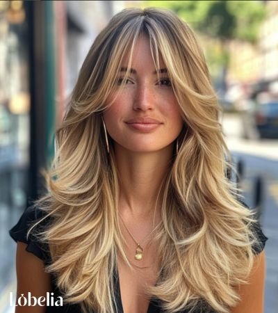 Woman with glamorous long layers and long bangs, featuring voluminous waves cascading down her back for a chic, stylish look.