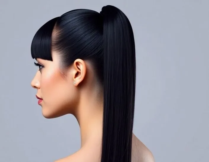 High Sleek Pony With Blunt Bangs
