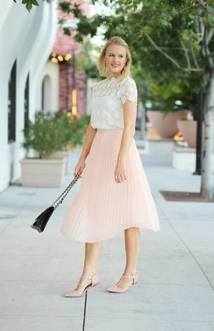 Lace Blouse Paired with Pleated Skirt