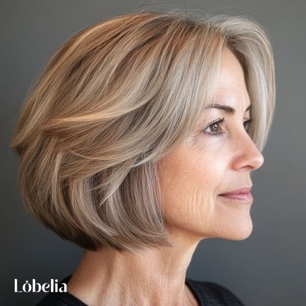 Woman over 60 with a layered bob, featuring layers that add volume and texture for a dynamic, lively, and modern look.