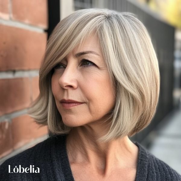 Woman over 60 with a layered bob and side bangs, adding texture, volume, and a chic, sophisticated look for any occasion.