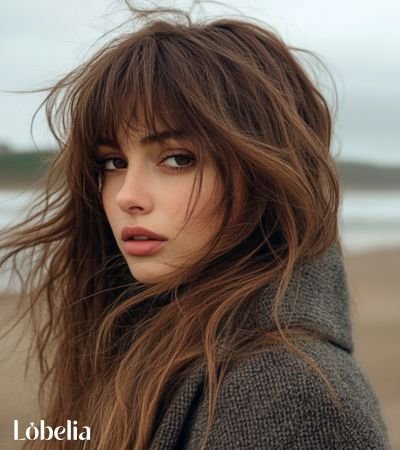 Woman with layered long hair styled with Bardot bangs, featuring soft, face-framing layers and voluminous curtain bangs.