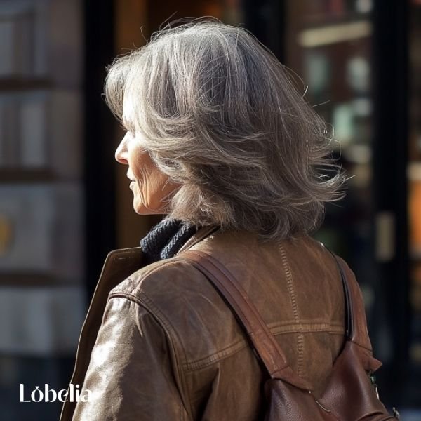 Woman over 60 with a layered shoulder-length cut, featuring layers that add depth, volume, and a dynamic, textured, and modern look