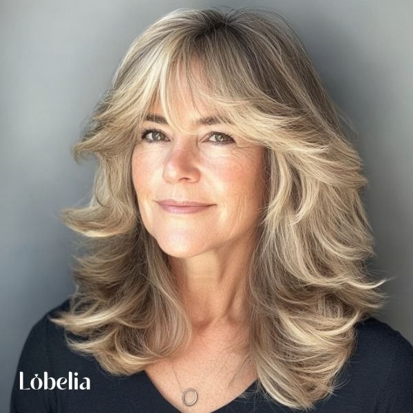 Woman over 60 with layered waves and a fringe, adding volume and framing her face, creating a soft, sophisticated, and playful look
