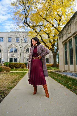 Long Cardigan Paired with Pleated Skirt