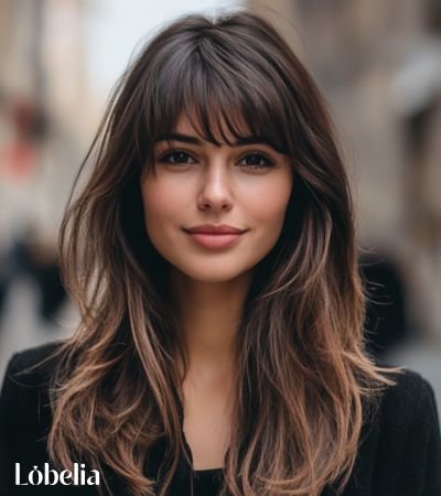 Long choppy shag haircut with bangs, featuring textured layers for added volume and a modern, edgy look that frames the face.