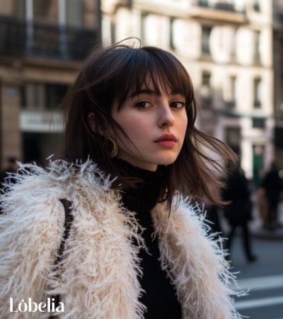 Long feathered cut with razored bangs haircut, featuring soft layers that add volume and texture, perfect for a modern look.