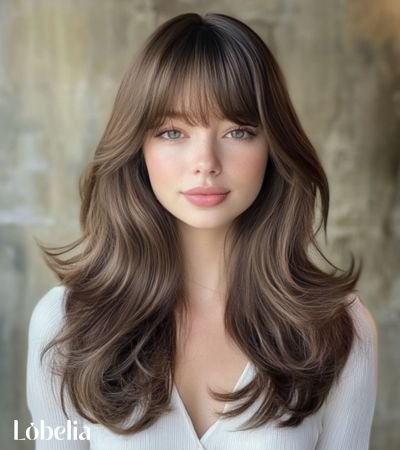 Long layered hair with crescent-shaped bangs, adding soft framing around the face and enhancing the hair's natural movement.