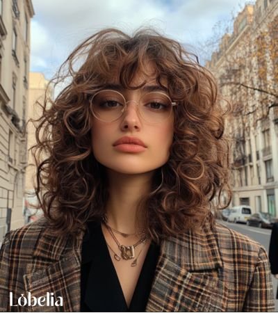 Long layers with curly bangs haircut showcasing voluminous curls cascading down, complemented by soft, face-framing curly bangs.