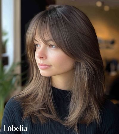 Long layers with feathered bangs haircut showcasing soft, face-framing layers that add volume and movement to long hair.