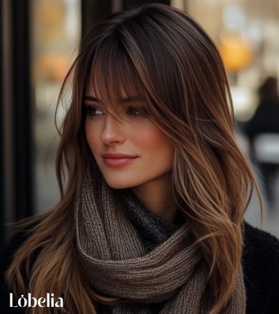Long layers with peek-a-boo bangs haircut featuring soft, cascading layers and side-swept bangs that partially cover one eye.