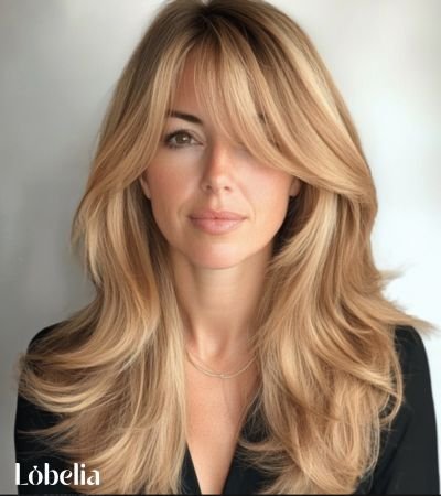 Long layers with swoopy bangs hairstyle featuring soft, flowing layers and side-swept bangs for a chic and voluminous look