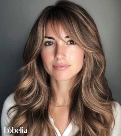 Close-up of a woman with long layered hair and textured bangs, showcasing a soft and modern style that adds volume and movement.