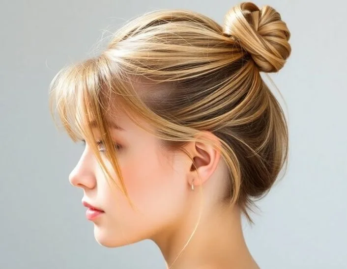 Messy Top Knot Curtain Bangs
