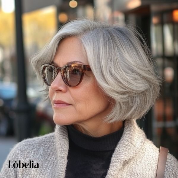 Woman over 60 with a modern textured bob, combining sleek lines and added texture for a stylish, edgy, and dynamic look