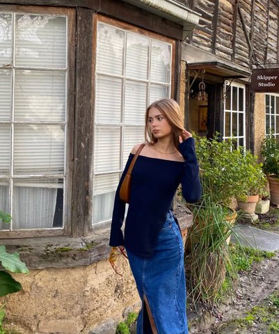 Off-the-Shoulder Blouse and Long Denim Skirt