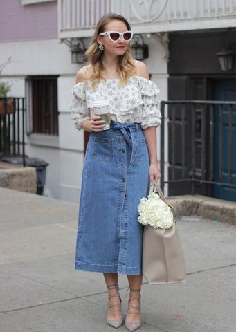 Off-the-Shoulder Top with Long Denim Skirt