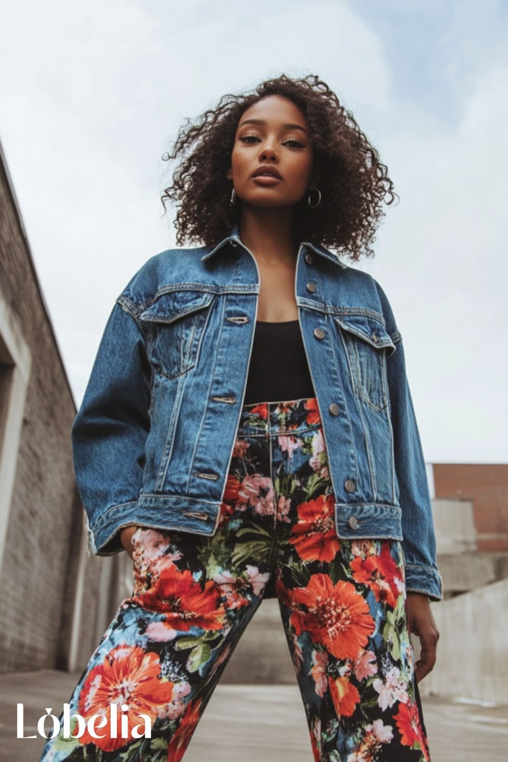 Oversized Denim Jacket with Floral Print Pants