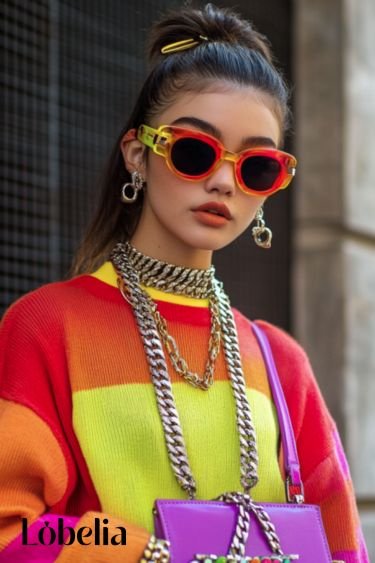 Oversized sunglasses, chunky chains, and colourful handbags