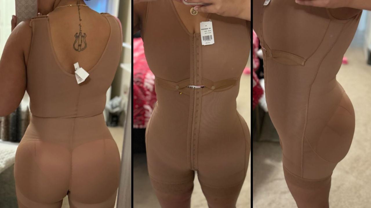 3 side by side photos of a perfectly fitted faja from every angle