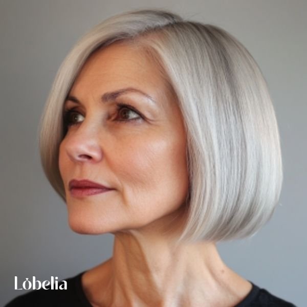 Woman over 60 with a polished bob, featuring sleek, straight lines and a smooth, shiny finish for a sophisticated and elegant look.