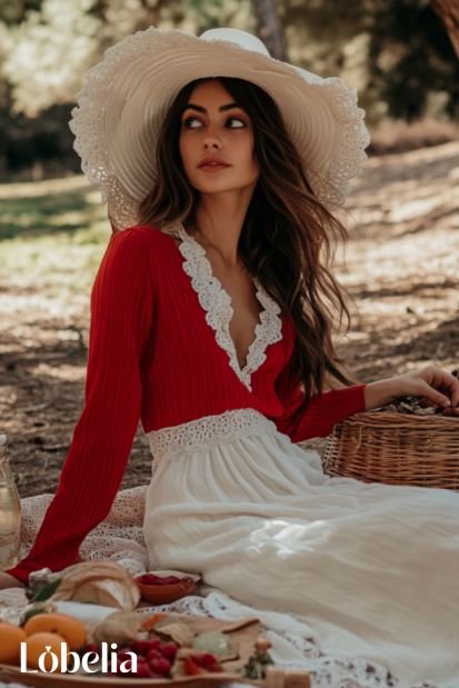 Red Long Sleeve Top and White Maxi Skirt picnic outfit
