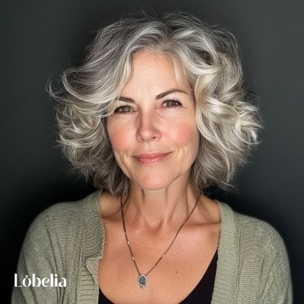 Woman over 60 with a shaggy lob featuring shoulder-length cut and textured layers for a relaxed, tousled, and trendy look with volume.