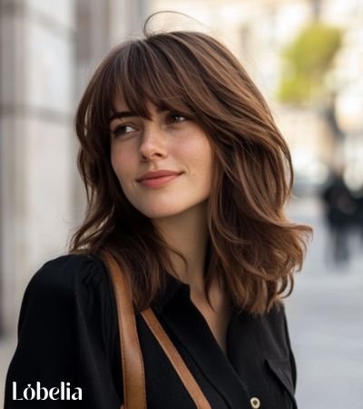 Close-up of shaggy long layers with shaggy bangs, creating a textured, tousled hairstyle with soft, face-framing layers.