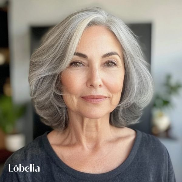 Woman over 60 with a shoulder-length bob featuring volume, framing her face for a bold, glamorous, and sophisticated appearance.