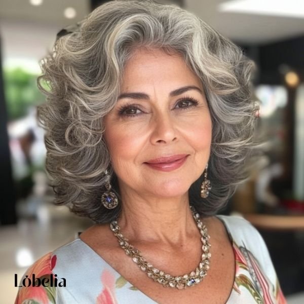 Woman over 60 with shoulder-length curls, embracing natural texture for a voluminous, lively look that adds romance and fun.